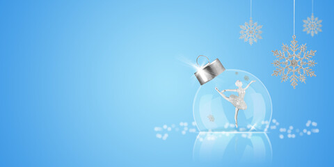 Christmas ornament with transparent ball, snowflakes and ballerina magic silver inside on blue background. Copy space. Xmas design of deer inside transparent ball. Christmas with golden glittering. © kasia2003