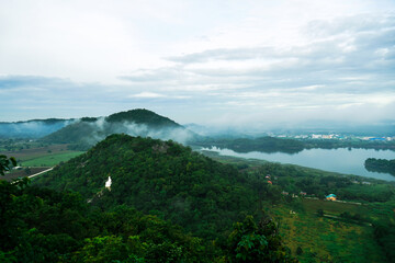 Landscape of Mountain and lake scenery at sunrise at Phu Sap Lek, Lopburi, Thailand