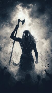 Parashurama standing amidst a battlefield, his divine axe glowing with celestial energy, Parashurama, divine wrath, warrior scene