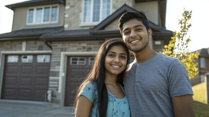 Naklejka premium In front of their new house, a young couple poses proudly by their home.
