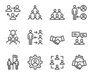 Business people boss employee team working together. Business success teamwork concept. Flat lined thin isolated icon set