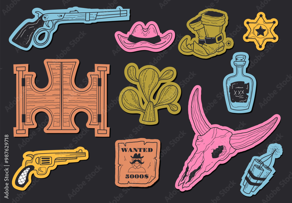 Wall mural western cowboy icon west wild doodle style line art concept set. vector cartoon graphic design eleme