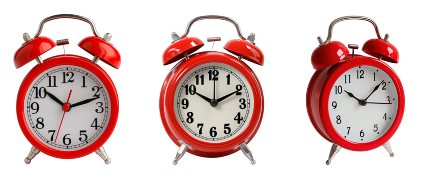Collection of red alarm clock isolated on a transparent background, Cutout PNG - Powered by Adobe