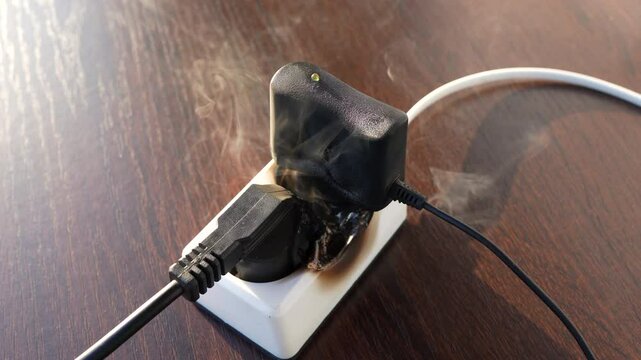 Electrical Short Circuit. Burning socket. Outlets, plug in fire. Short circuit in Overloaded Electrical Plug Socket. Fire socket of electricity plug switch. Burned plug with electric splitter.