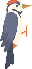Simple cartoon vector illustration of a woodpecker bird with red head, grey wings and white belly perching on a branch