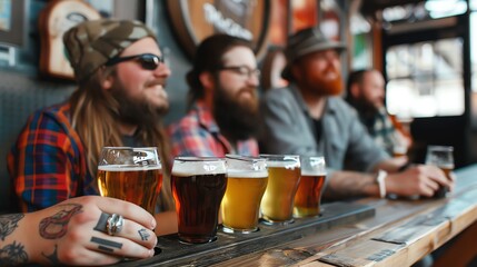 A group of friends enjoy a beer tasting at a bar. The man in the foreground has a tattoo on his hand and is holding a glass of beer.
