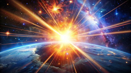 Naklejka premium stunning explosion of light in outer space illuminates Earth, showcasing beauty and vastness of universe. This captivating scene evokes sense of wonder and awe