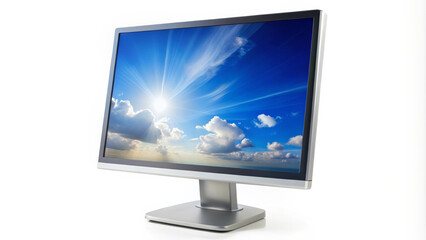 Fototapeta premium sleek computer display showcasing vibrant sky with clouds and sunlight, perfect for enhancing any workspace or home office. modern design complements various settings