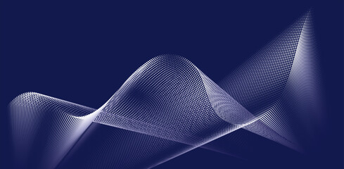 Dynamic monochrome halftone dots: abstract wave patterns for technology and sound, A dynamic particle waves, A halftone gradient on blue background.