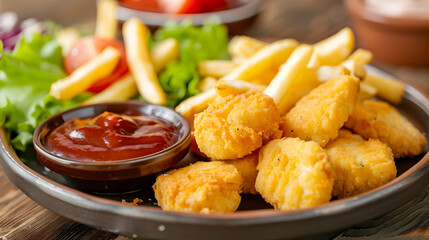 Crispy Chicken Nuggets with French Fries and Ketchup