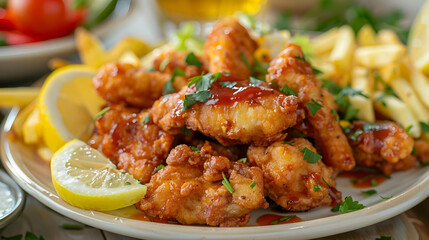 Crispy Fried Chicken Tenders with Lemon Wedges and French Fries
