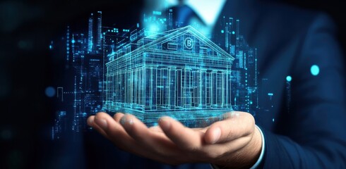 Digital hologram of a bank building floating above a hand, symbolizing technology and finance integration
