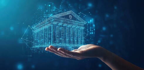 A futuristic digital hologram of a bank building floating above a person's hand, symbolizing modern finance and technology innovation