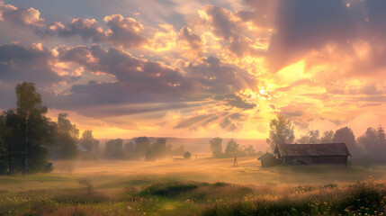 Sunrise Over Foggy Field with Farmhouse