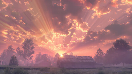 Stunning Sunset Over Rural Landscape with Barn
