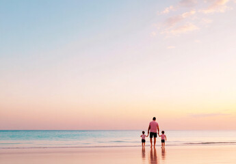 Father and children enjoying a tranquil sunset walk on the beach