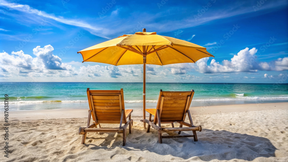 Wall mural relaxing beach scene with two wooden lounge chairs under bright yellow umbrella, overlooking calm tu