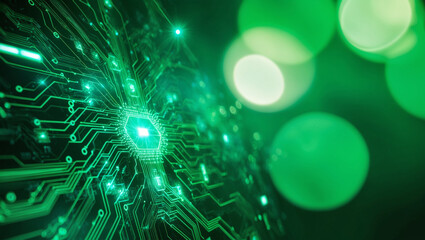 Obraz premium A vibrant, high contrast photography piece featuring a digital network visualized as a mesmerizing web of glowing green circuits and nodes, set against a rich