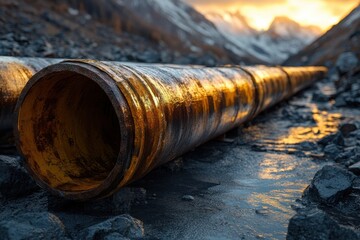 Fototapeta premium Rusty Pipeline Against the Mountain Sunset