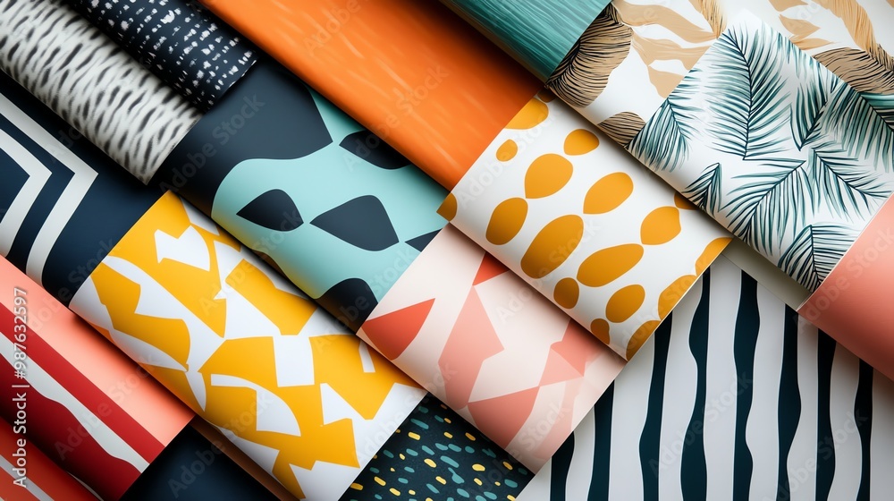 Poster a colorful and abstract pattern of overlapping papers with geometric shapes and organic forms.