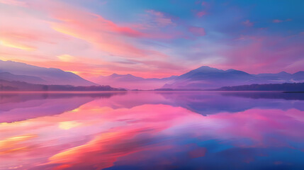 Serene Mountain Lake Sunset Stunning Reflection of Pink Sky