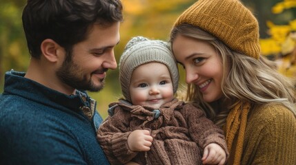 Obraz premium Outdoors in a park, a young family enjoys a candid portrait amidst natural surroundings.