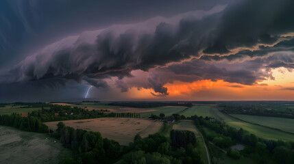 Dramatic Sunset with Lightning Strike Over Rural Landscape