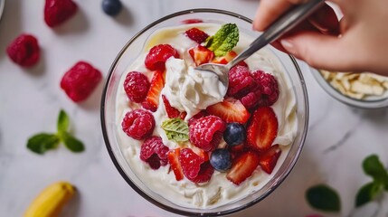 Person stirring fruit into yogurt, highlighting the blend of flavors and textures.