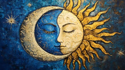 Painting of Sun and Moon Split in Half, Minimalist, Surreal, Abstract Image, Texture, Pattern Background, Wallpaper, Cover and Screen for Smartphone, PC, Laptop, 9:16 and 16:9 Format
