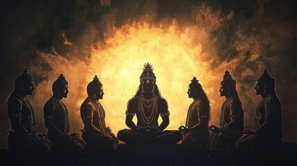 Fototapeta premium Vishnu surrounded by his ten avatars, each glowing with divine light, symbolizing different ages of the world, Vishnu avatars, Dashavatara, divine