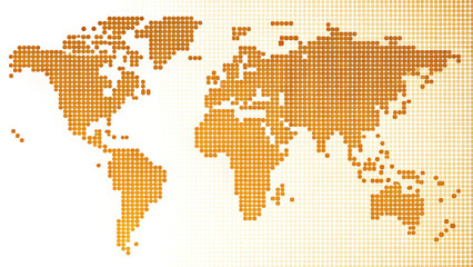 Dotted map of world in radial fill design, showcasing continents in warm orange hue. This artistic representation highlights global geography with modern twist
