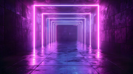 Neon Lights in a Dark Corridor 3D Illustration
