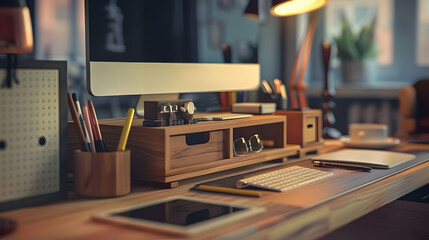 Minimalist Home Office Desk Setup with Wooden Accessories