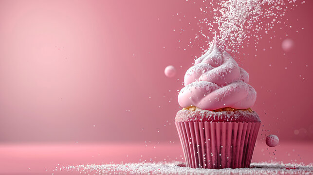 A 3D confectioner sprinkling sugar through a cupcake-shaped opening on the top right. with bottom left blank copy space. 