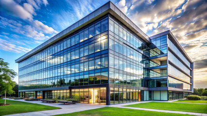 Fototapeta premium Modern office building with large glass windows reflecting sky and surrounding greenery, showcasing contemporary architectural design. vibrant atmosphere enhances workspaces appeal