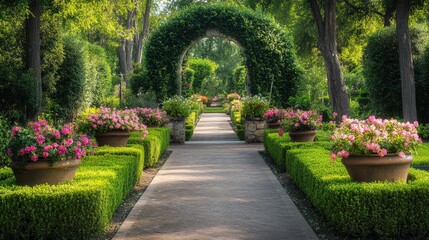 Obraz premium A classic European garden with manicured hedges, a stone archway, and potted flowers on either side of the walkway, no people, no logo.