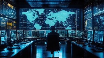 High-tech command centers monitor global operations on screens, Command center with multiple screens displaying ERP dashboards.