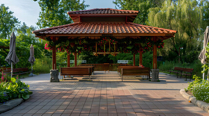 Naklejka premium Wooden Gazebo with Red Roof and Hanging Flowers in a Summer Garden