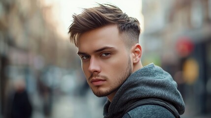 Portrait of a young man with a stylish haircut, looking at the camera.