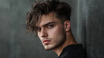 Fototapeta premium Portrait of a young man with a stylish haircut, looking at the camera.