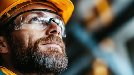 An individual wearing a yellow hard hat is concentrating intensely on their task, symbolizing the precision and focus required in construction and industrial roles.