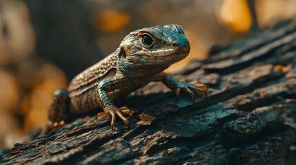 Fototapeta premium Closeup of a Lizard on a Tree Bark - Realistic Photo