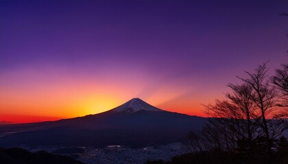 Obraz premium 夕日が富士山をオレンジ色に染め、空は赤と紫のグラデーションに包まれている。富士山のシルエットが際立ち、神秘的な雰囲気を醸し出している