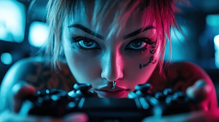 In a neon-lit gaming environment, this image captures the essence of modern gaming culture with a close-up of a person using a game controller, engrossed in the digital experience.