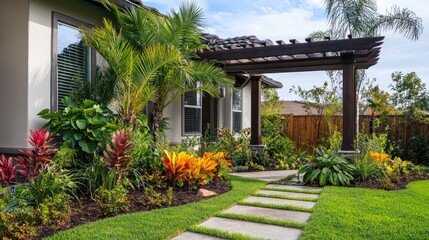 Fototapeta premium A peaceful front yard with resort-style landscaping, tropical plants, and a wooden pergola, no people, no logos.