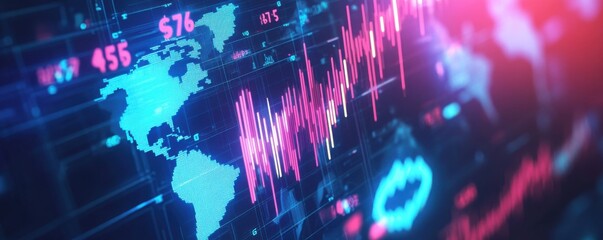 Digital illustration of global financial data with world map and economic growth charts
