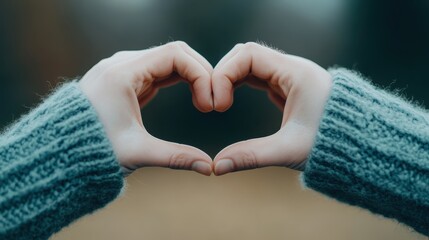 A pair of hands with blue knitted sleeves making a heart shape, set against an out-of-focus background with cool tones, representing love, friendship, and unity.