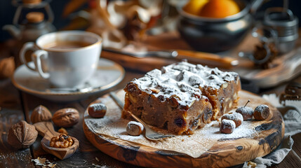 Sweet Bread with Walnuts and Powdered Sugar Delicious Autumn Dessert