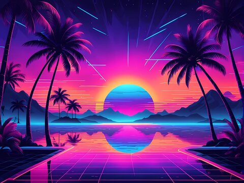 Exotic summer night with laser beams, futuristic wave patterns, tropical palms, and glowing synth art.
