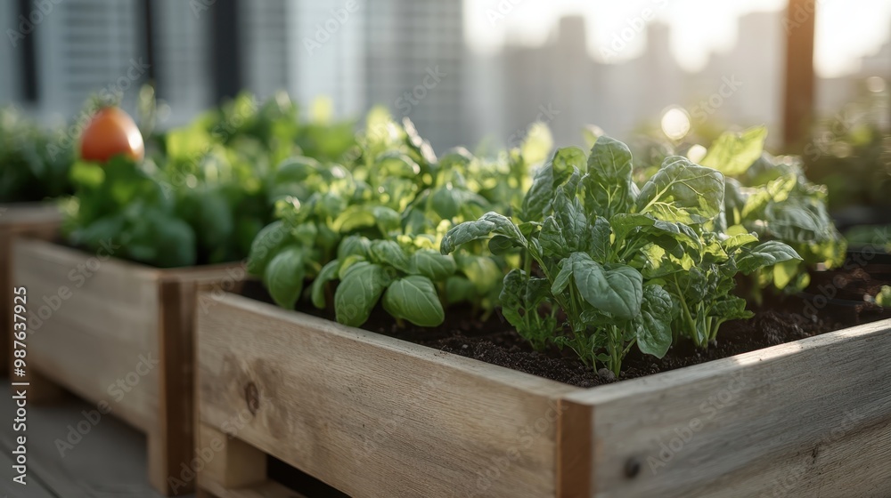 Wall mural A thriving urban garden with various lush green vegetables in wooden planter boxes, set against a backdrop of a city skyline and early morning light.